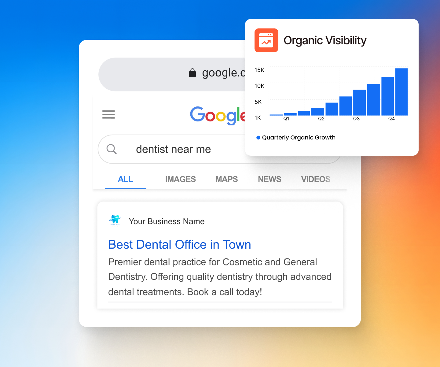 Mockup of how we get organic SEO results from marketing for dentists.