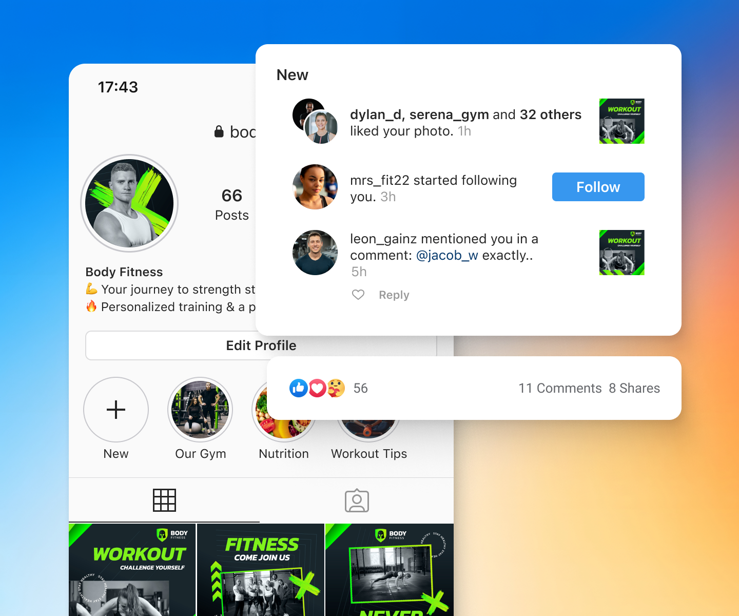 Mockup of how our fitness marketing agency does gym social media marketing
